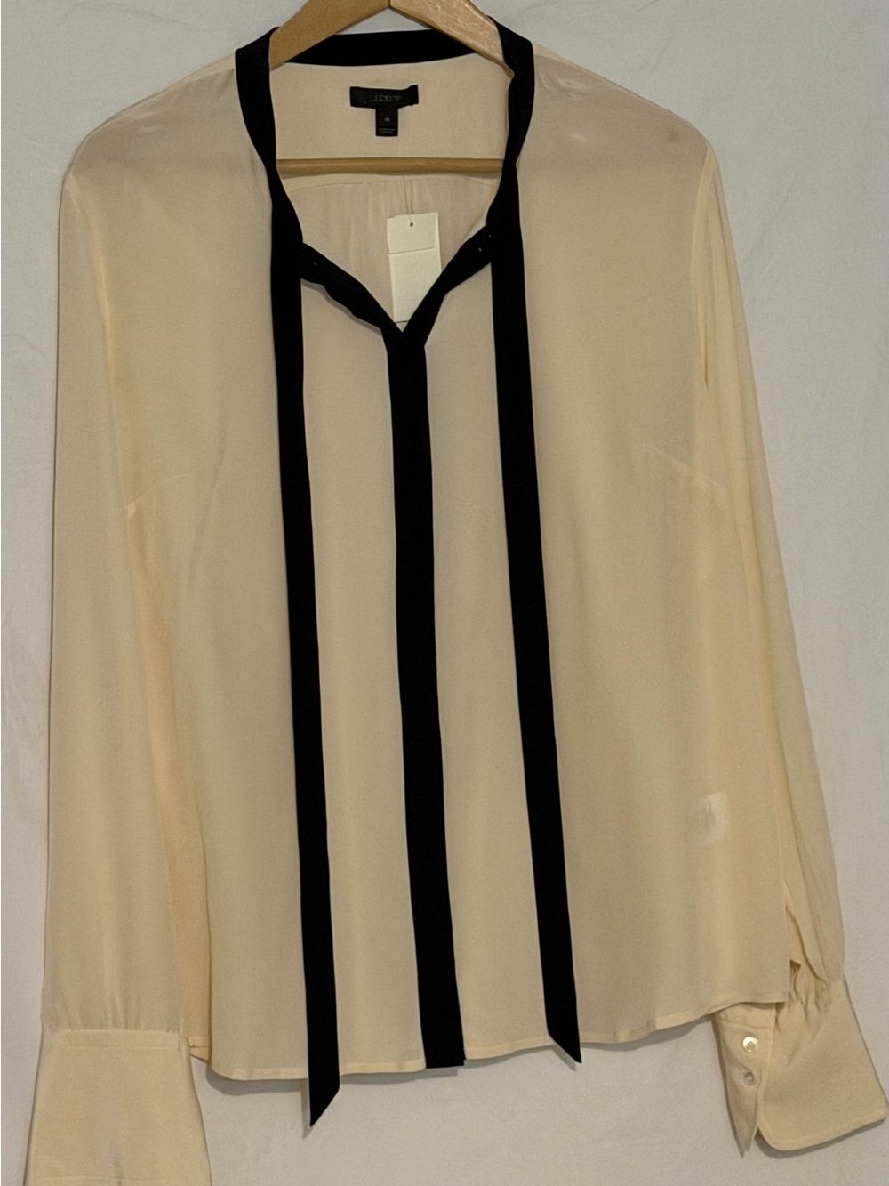 NWT J. Crew Silk Tie Neck Blouse Cream Ivory Black Trim Tie Long Sleeve Size 16